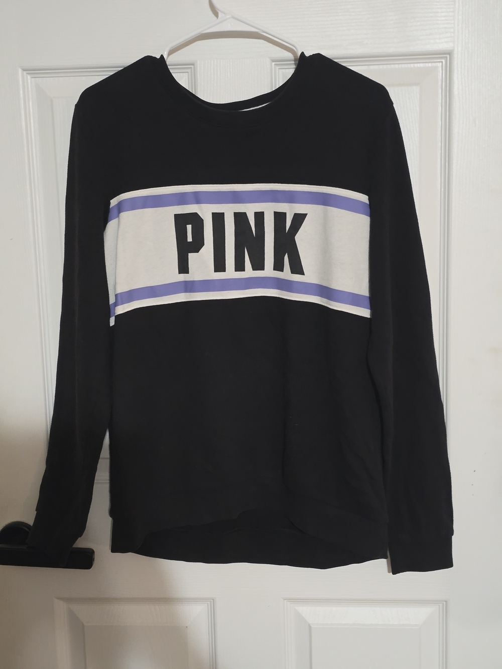 PINK Victoria's Secret Black Sweatshirt with Cream Panel & Lavender Stripes